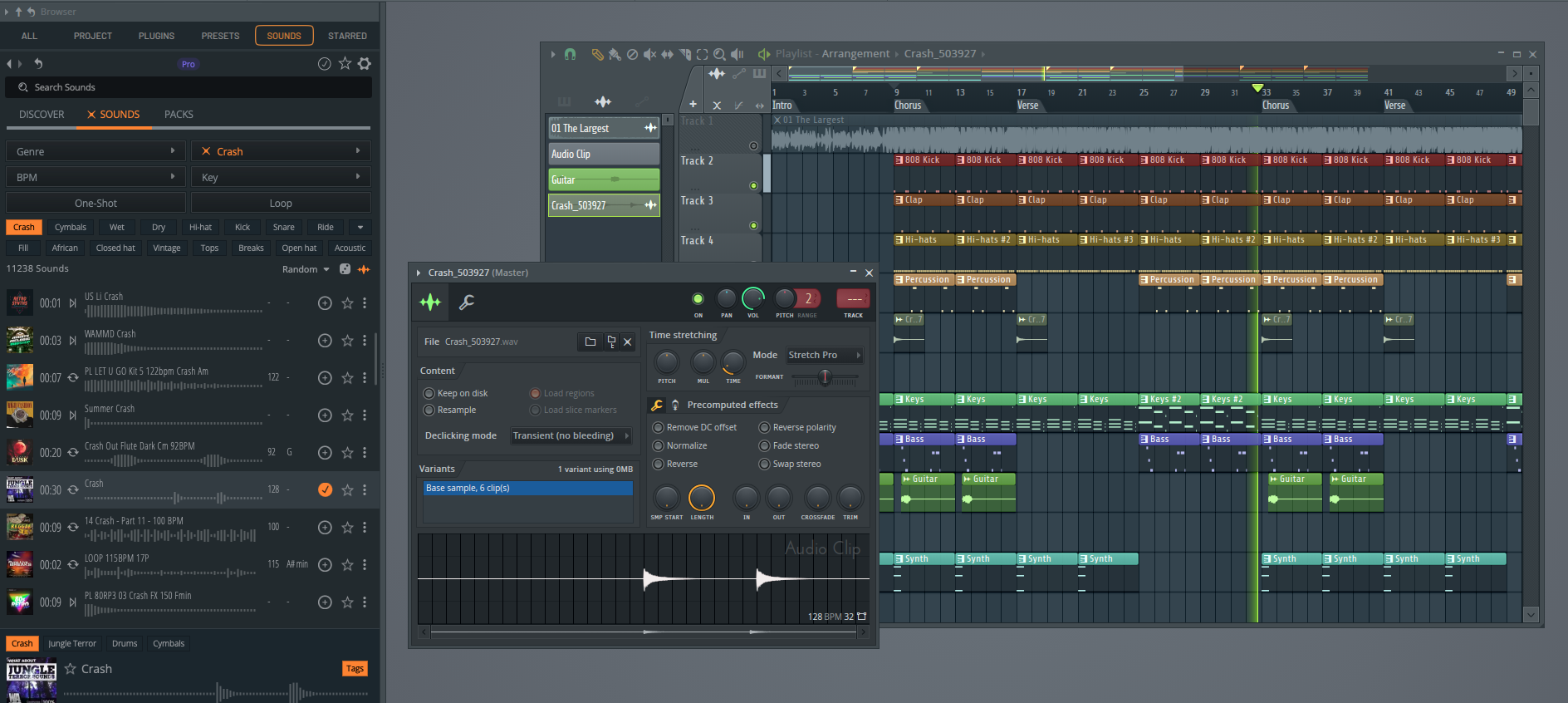 Click to expand FL Studio browser selecting crash sound sample used as a transition effect in the playlist.