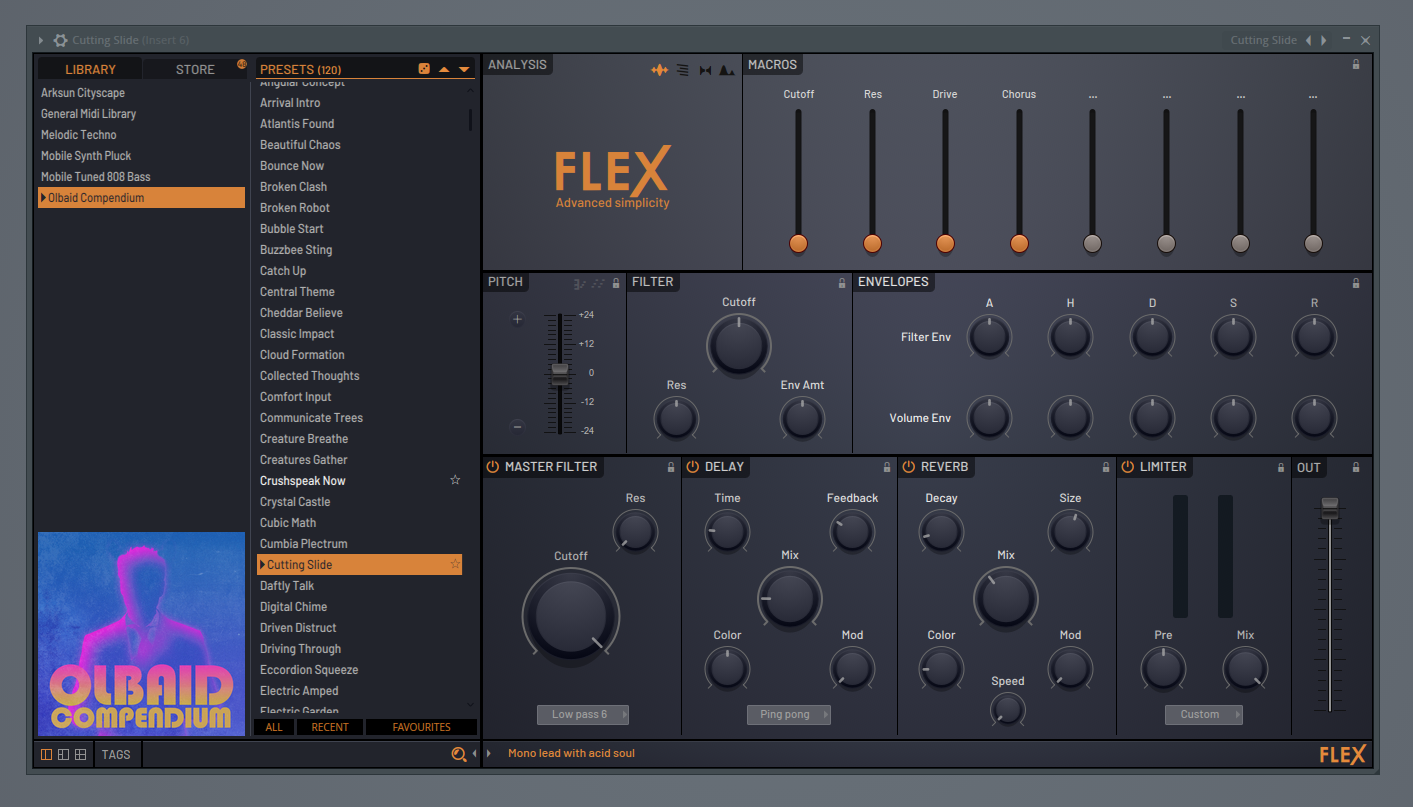 Click to expand FL Studio FLEX synthesizer plugin showing preset browser used for selecting sounds during music production.