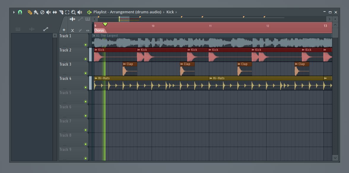 Click to expand FL Studio playlist with kick, clap, and hi-hat audio samples arranged on the timeline to create a drum pattern.