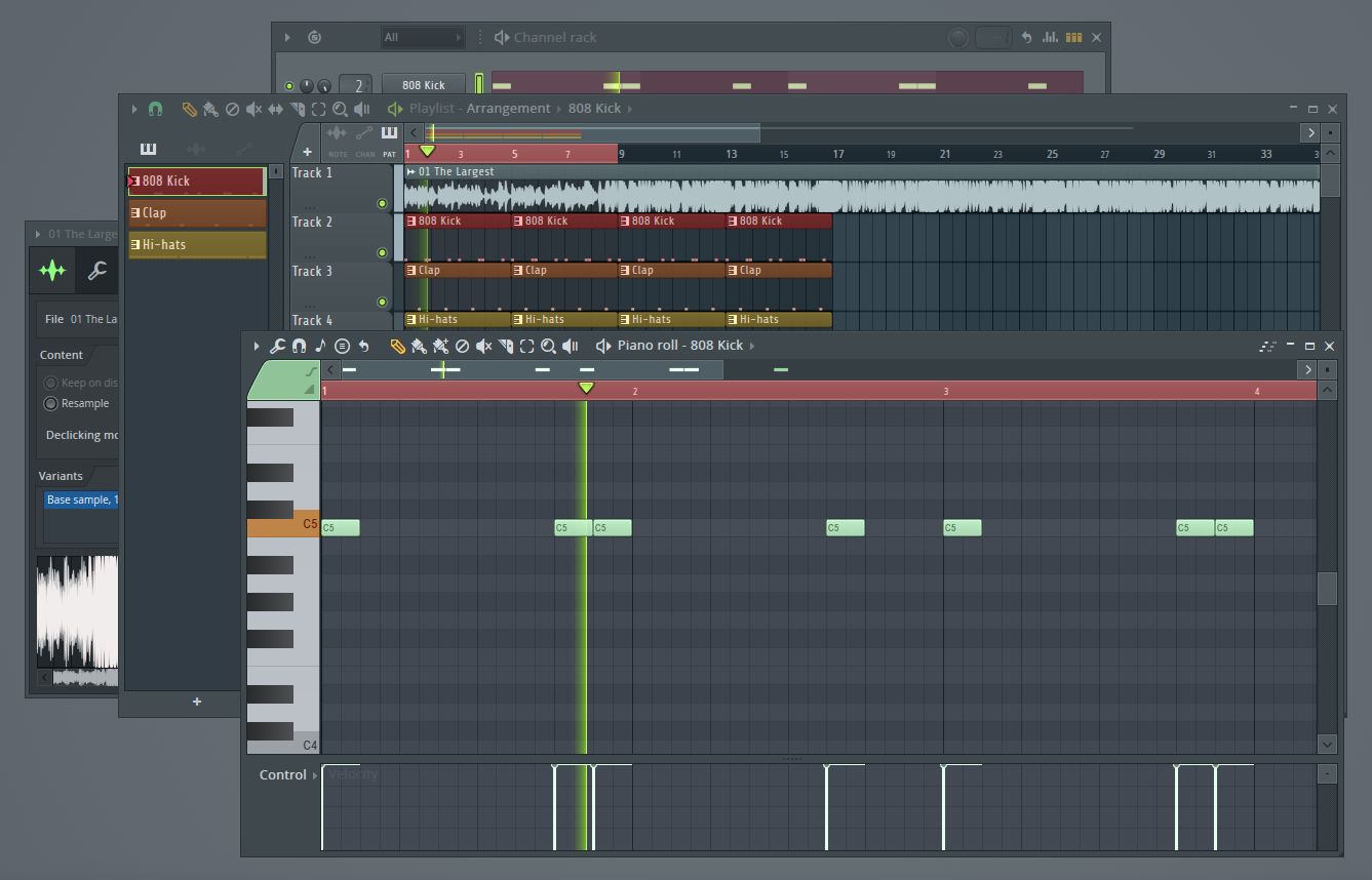 Click to expand FL Studio piano roll with MIDI notes programming an 808 kick pattern, shown beneath the playlist where drum patterns for kick, clap, and hi-hats are arranged.