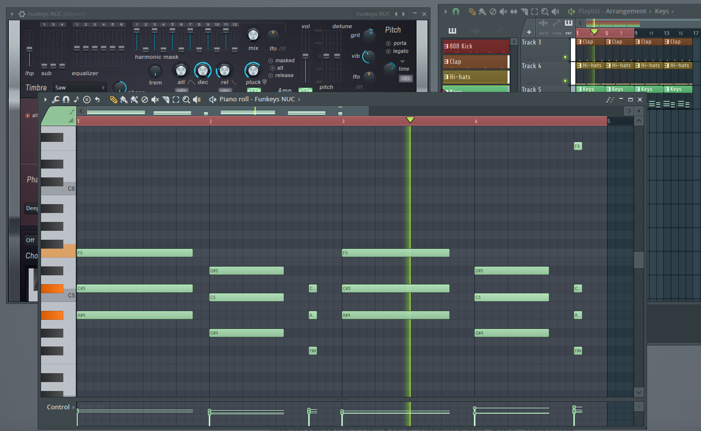 Click to expand FL Studio piano roll showing a simple chord progression programmed with MIDI notes across several bars.