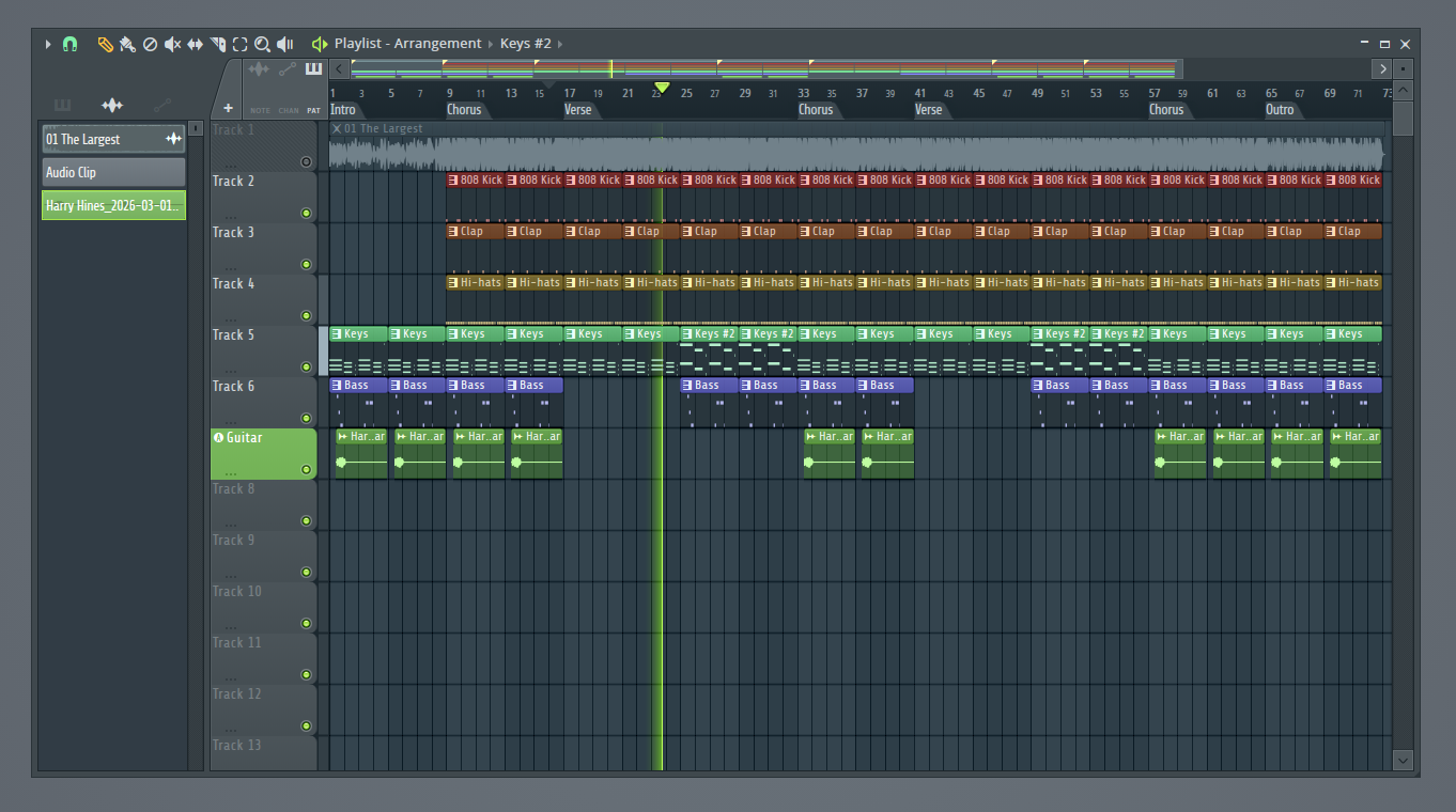 Click to expand FL Studio playlist showing arrangement of a hip hop beat with drums, keys, bass, and guitar patterns across intro, verse, and chorus sections