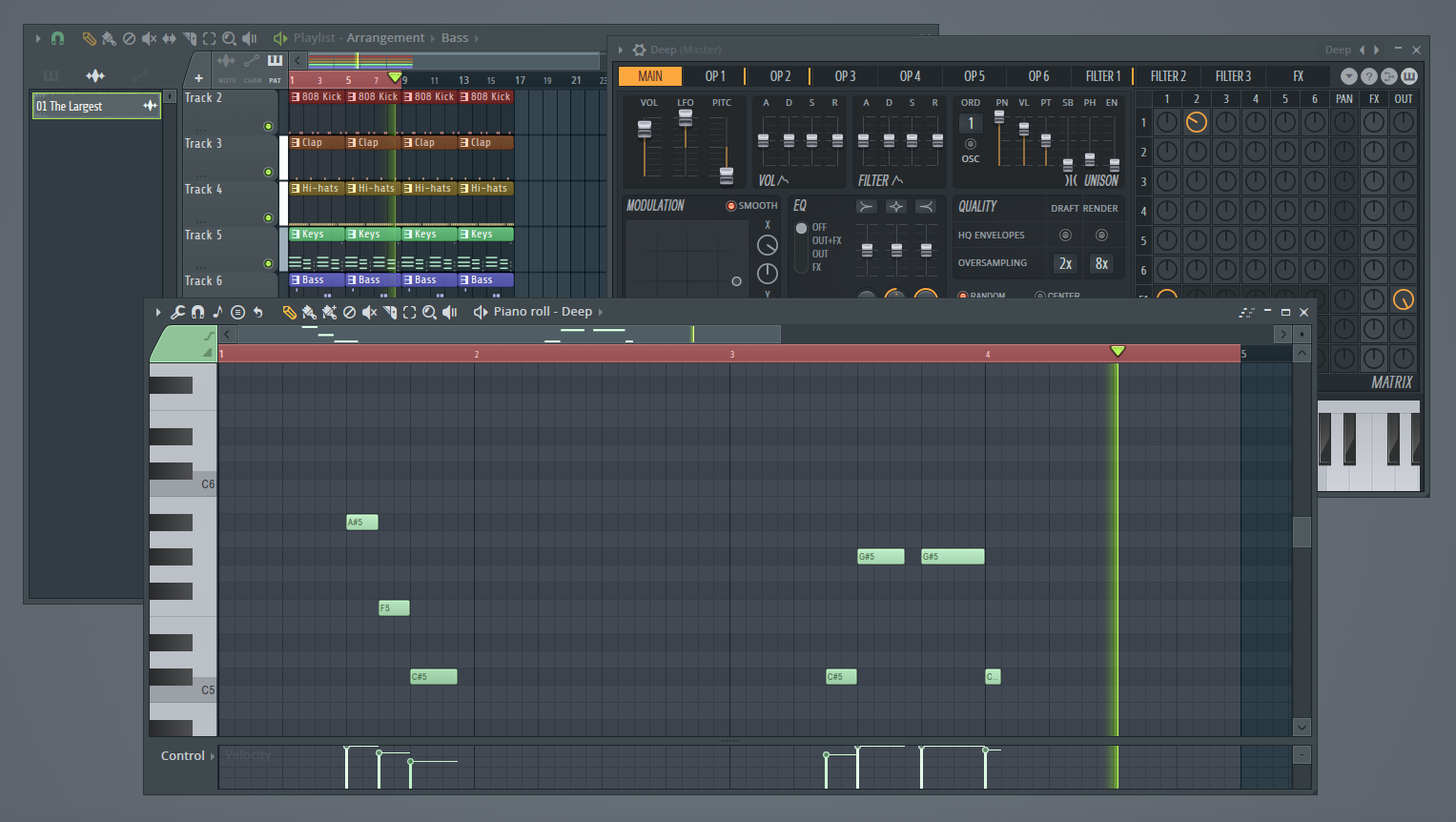 Click to expand FL Studio piano roll showing a simple bass pattern programmed to follow the root notes of a chord progression.