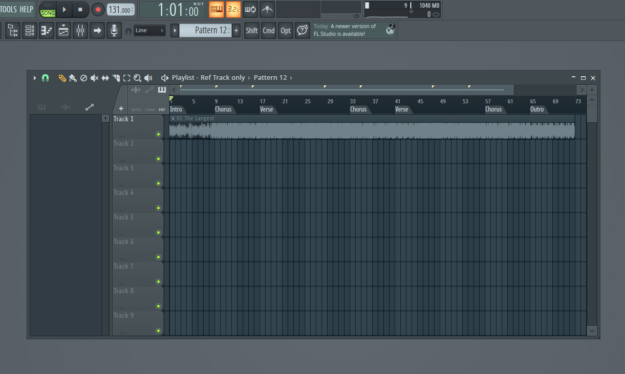 Click to expand FL Studio playlist with a reference track imported to analyze song structure and mark sections.